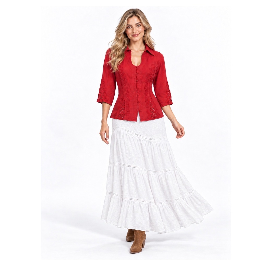 Gretty Zueger Blouse Small Red Embroidered Crochet Lace 3/4 Sleeve Button Down